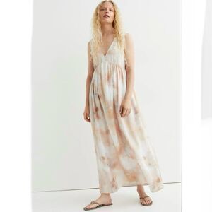 H&M White & Pink Patterned Oversized V Neck Flowy Maxi Dress